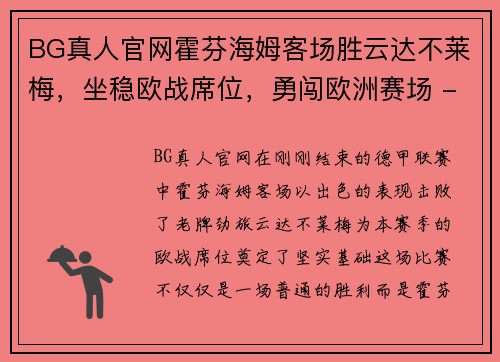 BG真人官网霍芬海姆客场胜云达不莱梅，坐稳欧战席位，勇闯欧洲赛场 - 副本